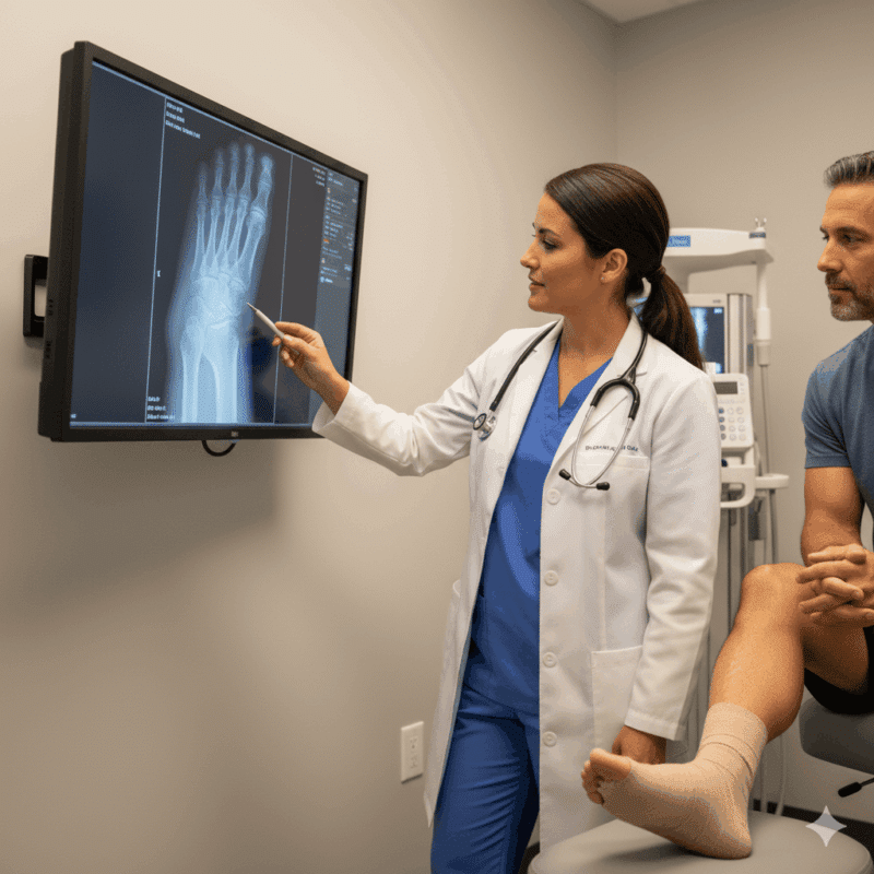 A professional female doctor gently assesses the foot and ankle of a male patient sitting on an examination table in a modern medical office.