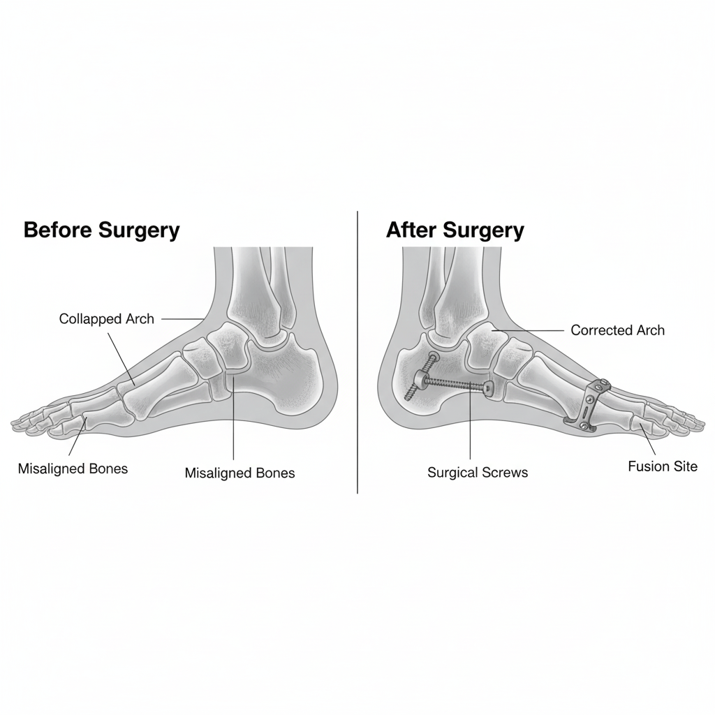  X-rays illustrating the foot before and after flatfoot reconstruction surgery